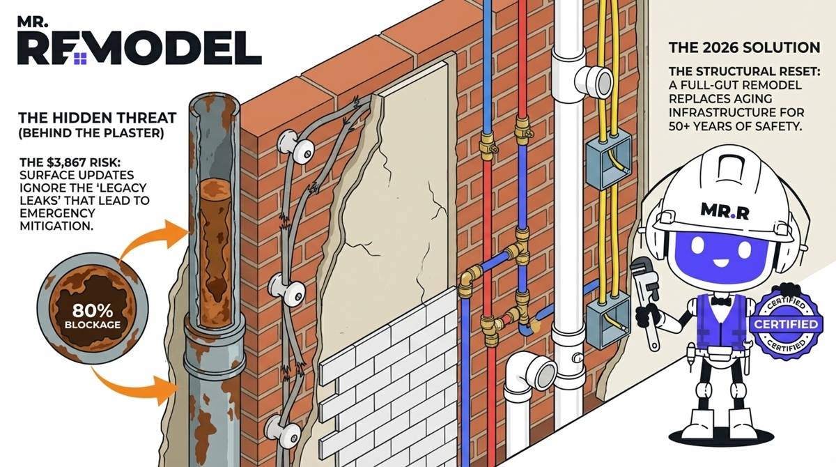 A structural X-ray infographic for St. Louis homeowners, illustrating how full-gut remodels replace corroded galvanized pipes and hazardous knob-and-tube wiring common in historic 63112 and 63147 zip codes.